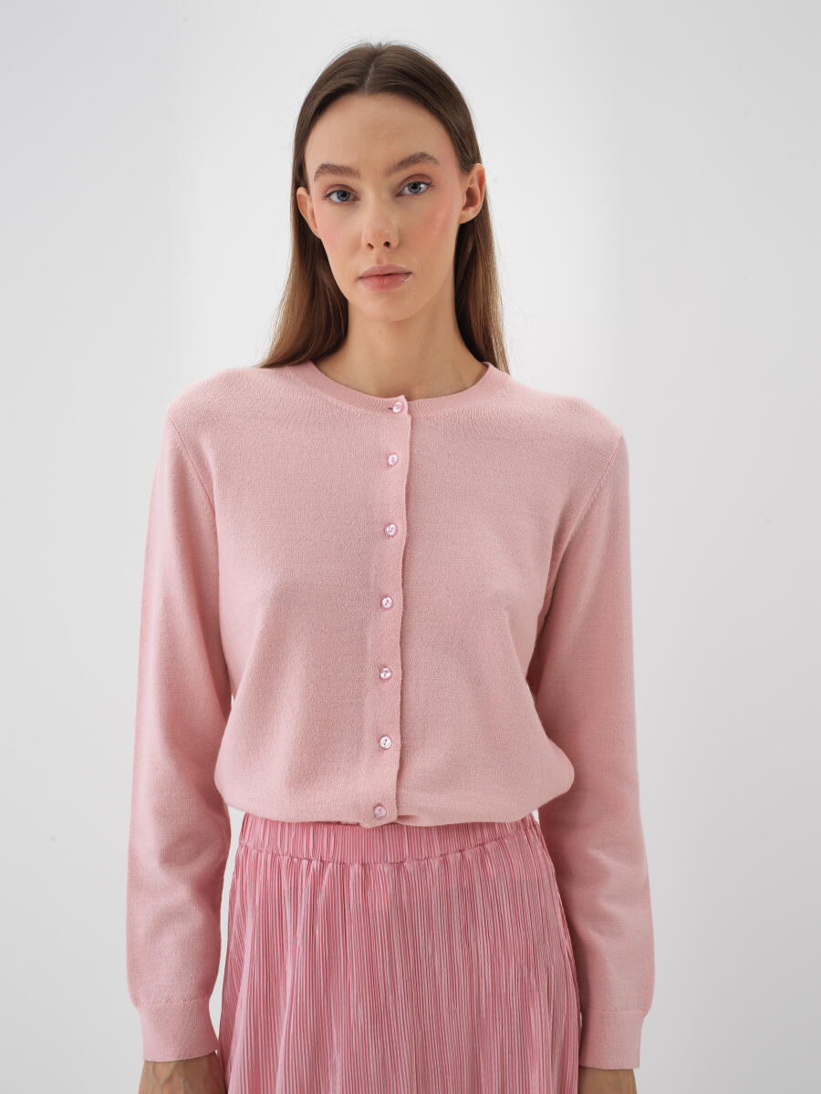 Pembe Doğal Yün Dokulu Regular Fit Hırka