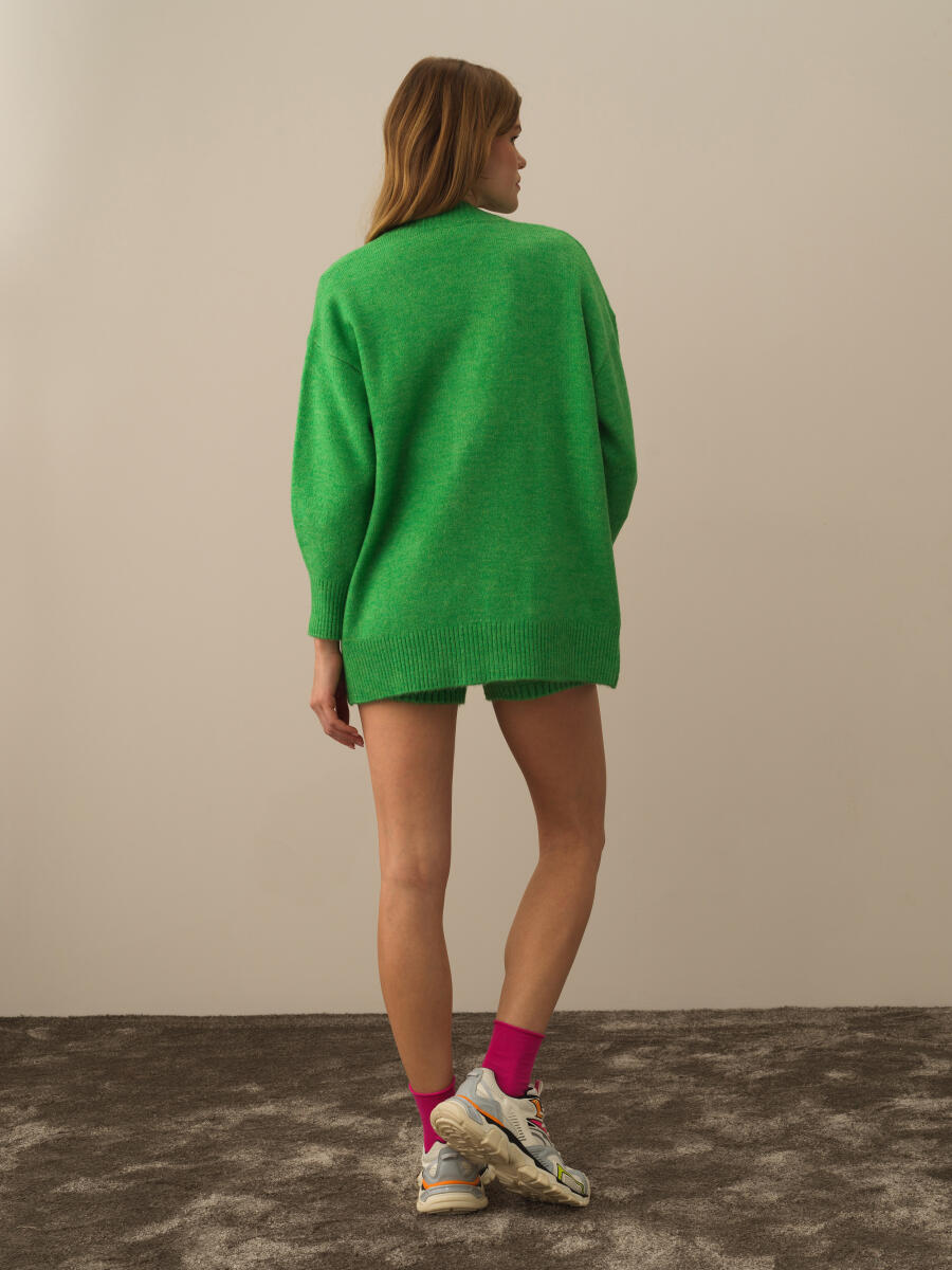 Yeşil Lüks Pamuk Dokulu Oversize Hırka - 4