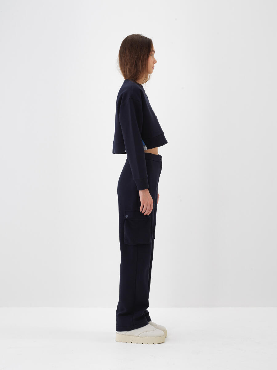 Lacivert Pamuk Dokulu Oversize Kargo Pantolon - 4