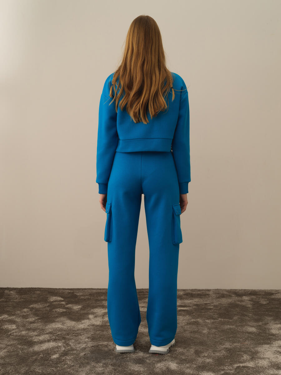 Mavi Pamuk Dokulu Oversize Kargo Pantolon - 4