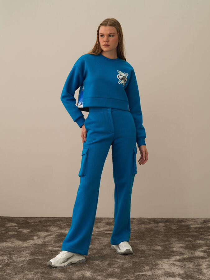 Mavi Pamuk Dokulu Oversize Kargo Pantolon - Xint