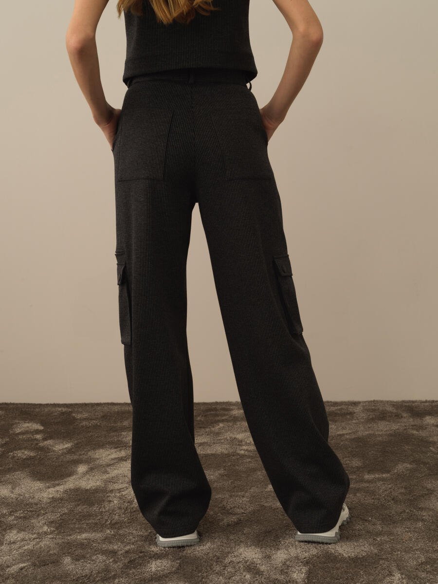 Siyah Pamuk Dokulu Regular Fit Kargo Pantolon - 5