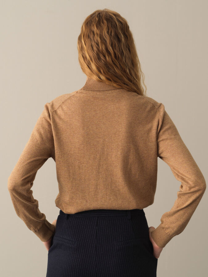 Camel Slim Fit Balıkçı Yaka Pamuk Kazak - 3