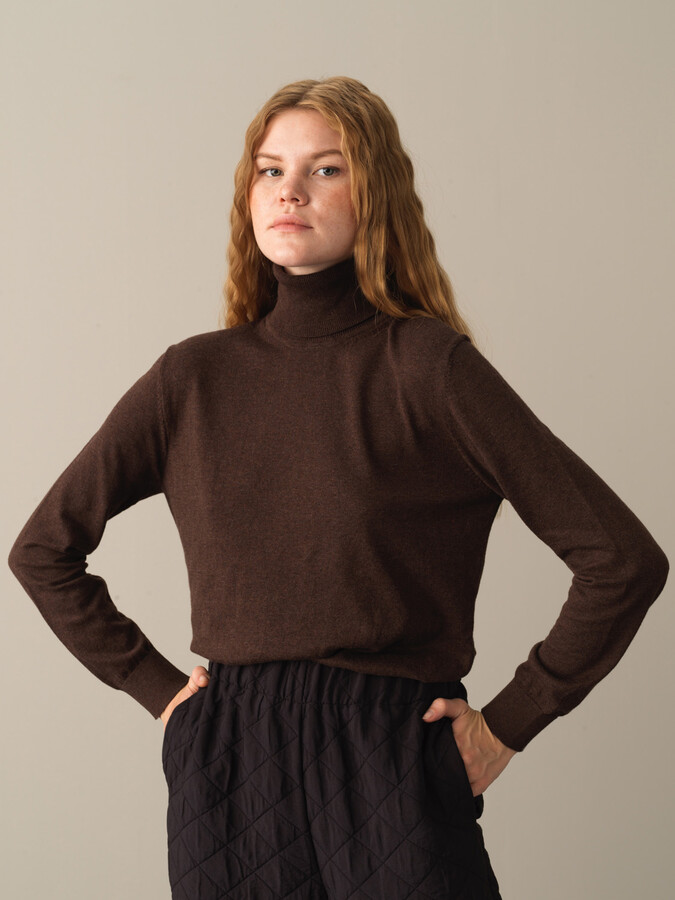 Kahverengi Slim Fit Balıkçı Yaka Pamuk Kazak - 1