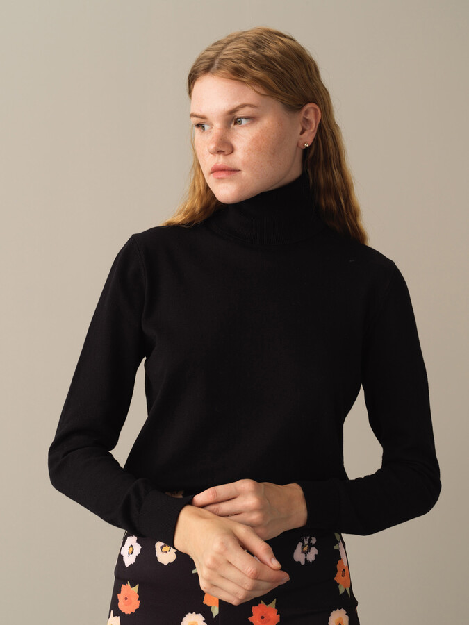 Siyah Slim Fit Balıkçı Yaka Pamuk Kazak - 1