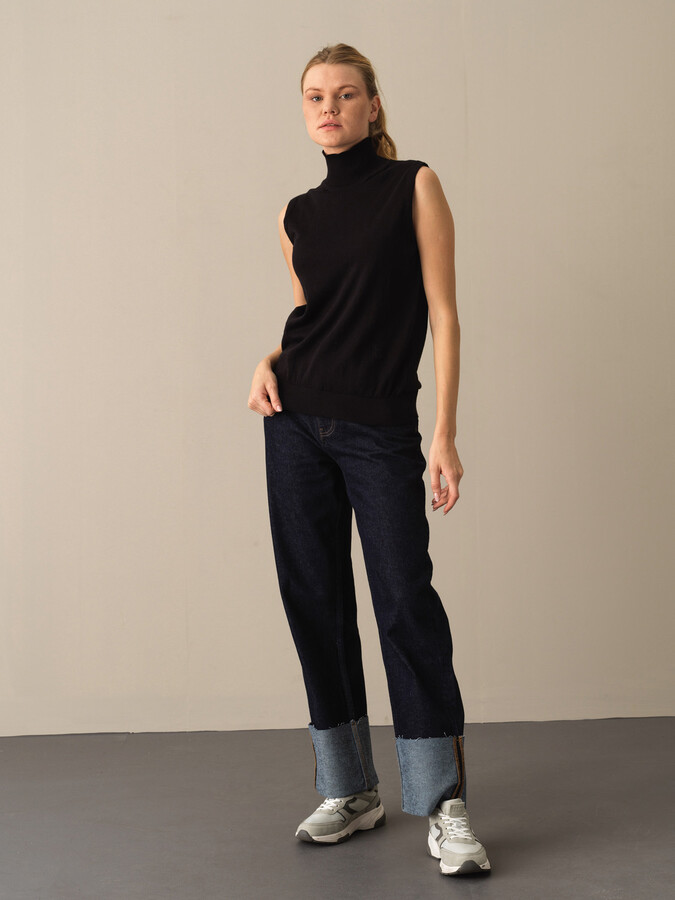 Siyah Slim Fit Balıkçı Yaka Pamuk Kazak - 2