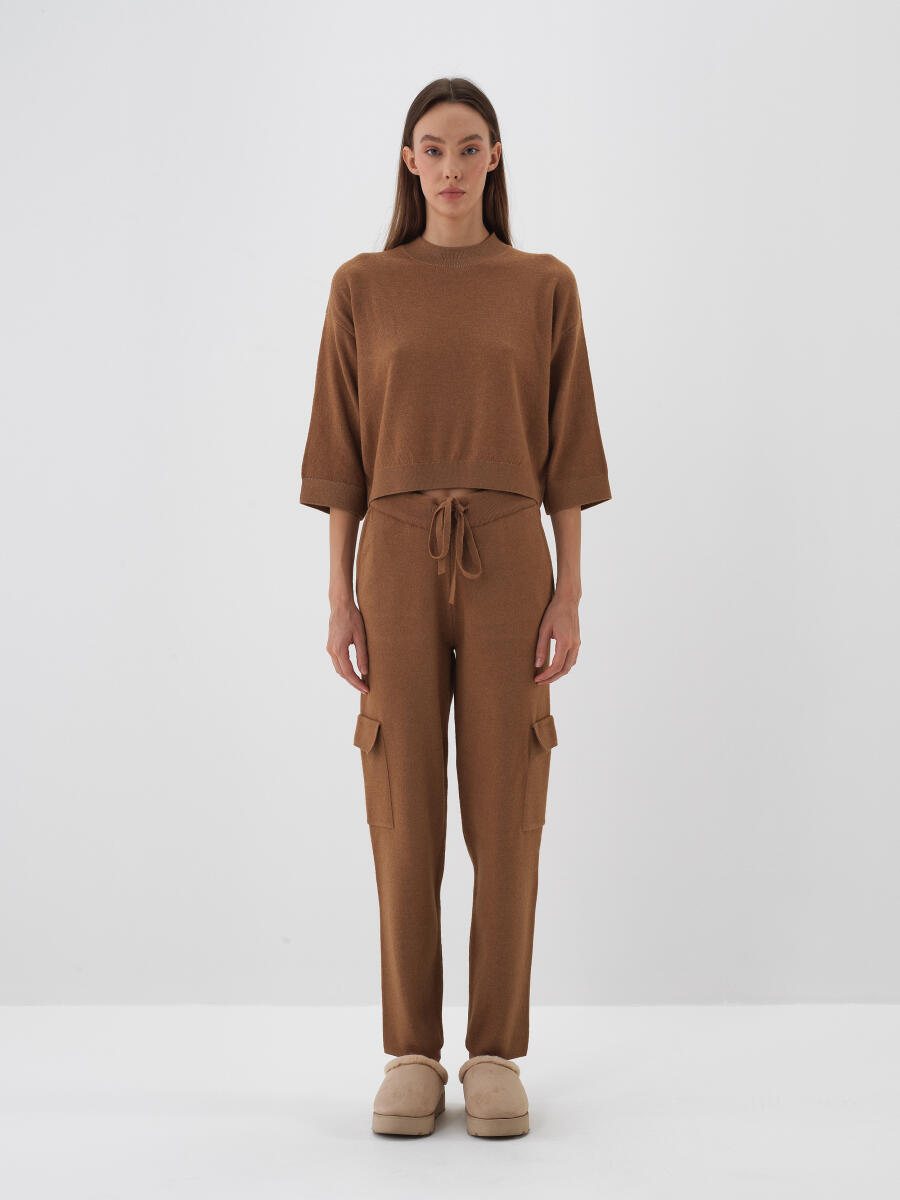 Camel Doğal Yün Dokulu Oversize Kazak