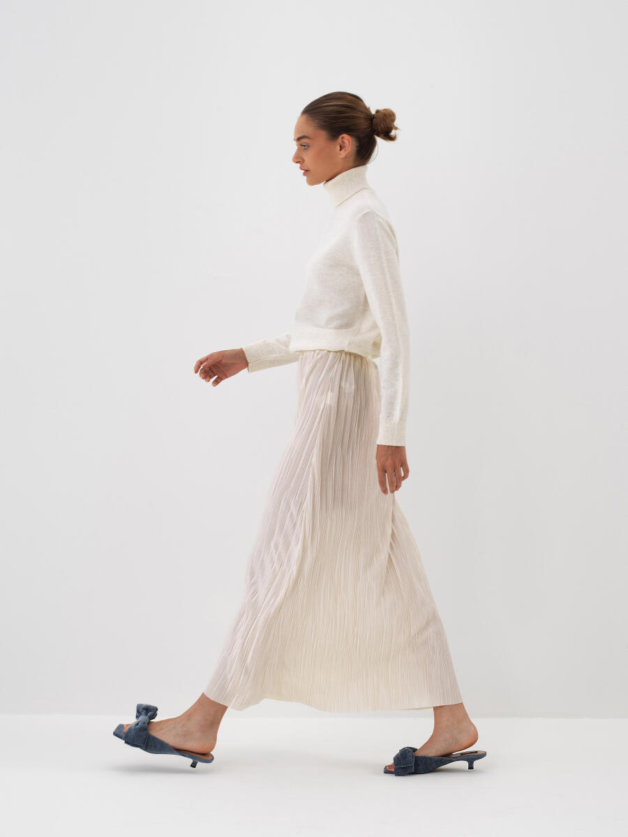 Ekru Doğal Yün Dokulu Oversize Kazak - 4