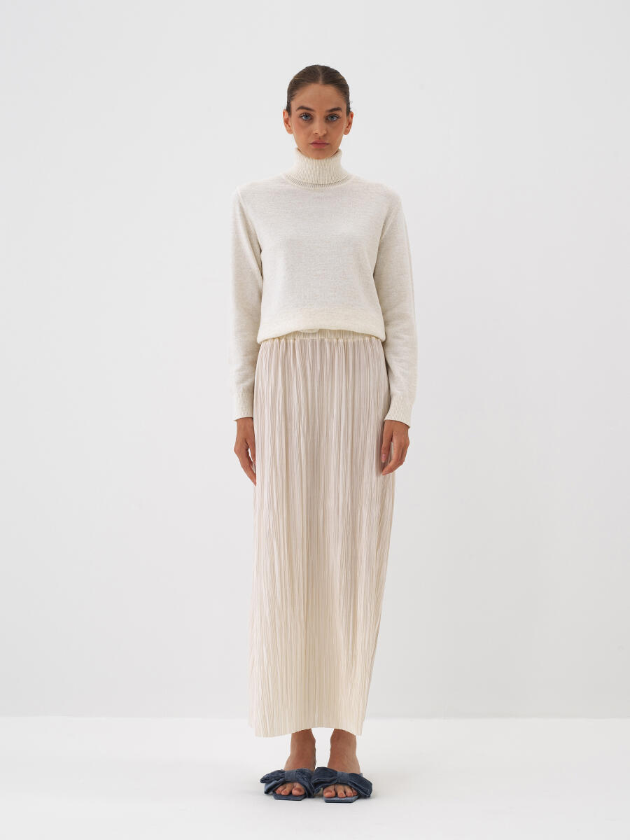 Ekru Doğal Yün Dokulu Oversize Kazak - 3