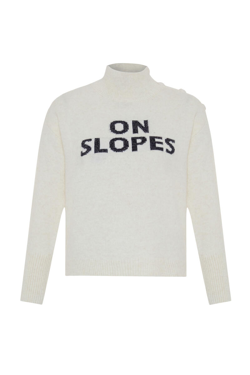 Ekru Doğal Yün Dokulu Oversize Kazak - 3