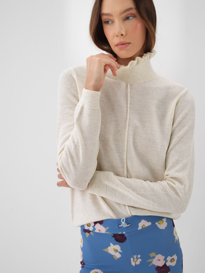 Ekru Doğal Yün Dokulu Slim Fit Kazak - Xint