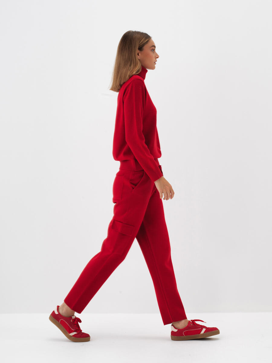 Kırmızı Doğal Yün Dokulu Oversize Kazak - 3