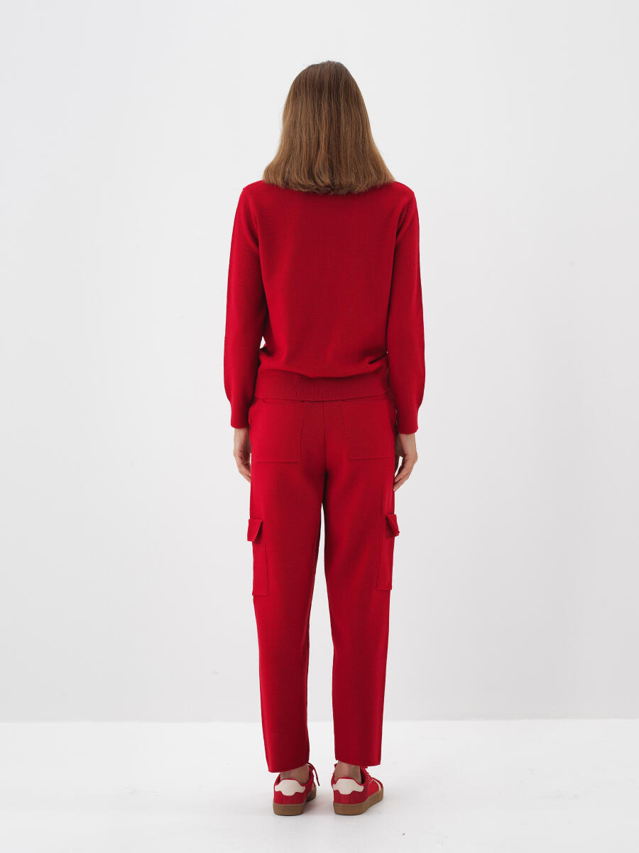 Kırmızı Doğal Yün Dokulu Oversize Kazak - 4