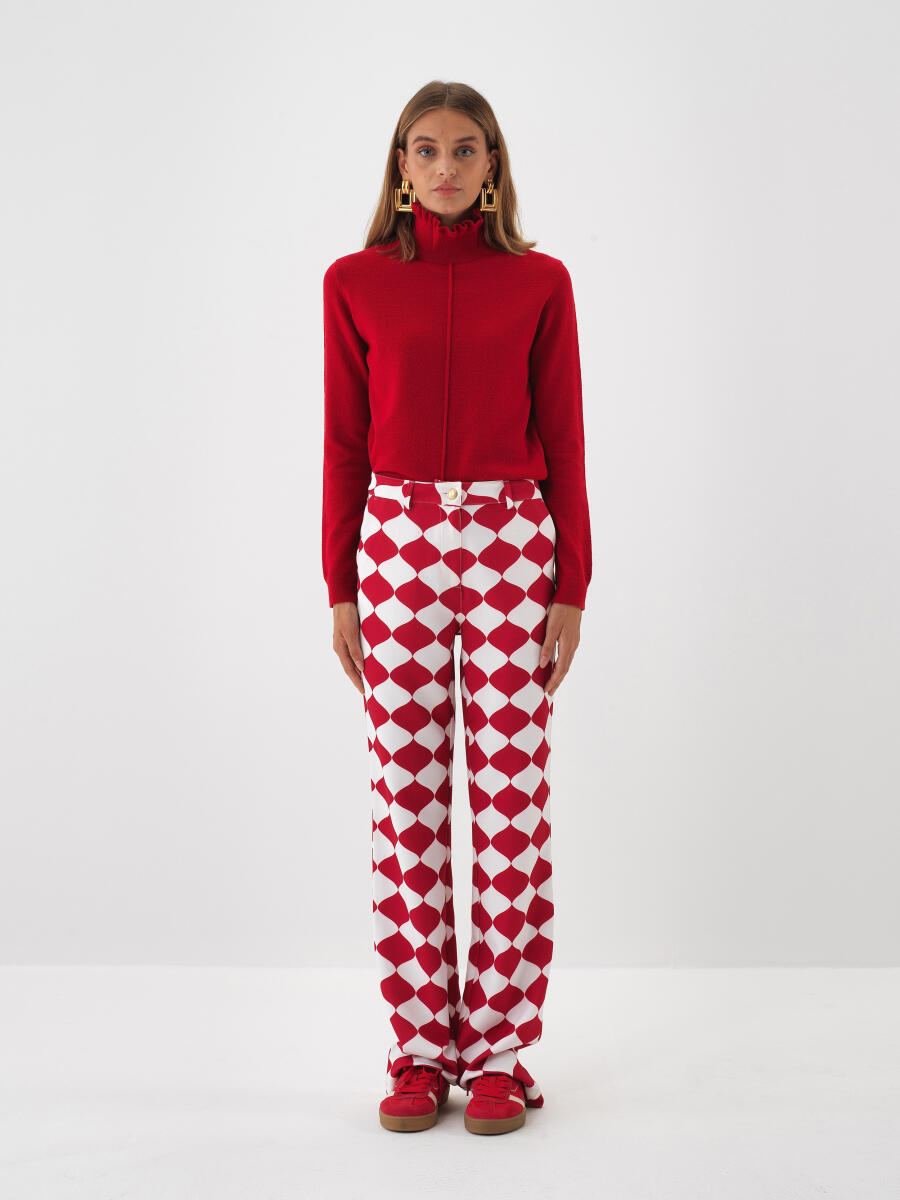 Kırmızı Doğal Yün Dokulu Slim Fit Kazak - 2