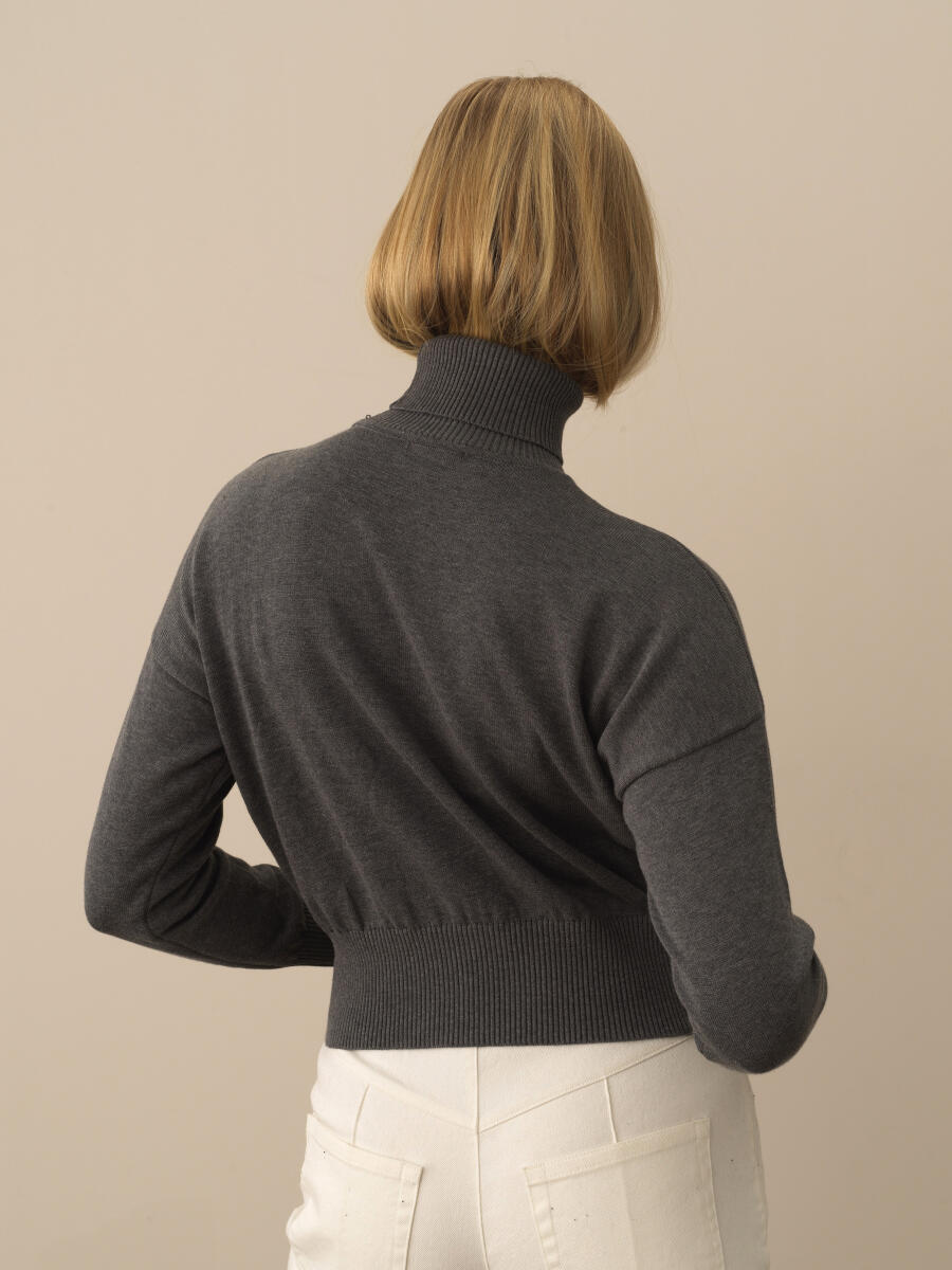 Koyu Gri Pamuk Dokulu Oversize Kazak - 3