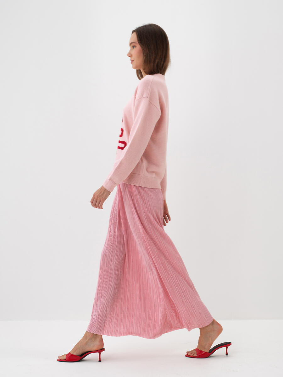 Pembe Doğal Yün Dokulu Oversize Kazak - 3