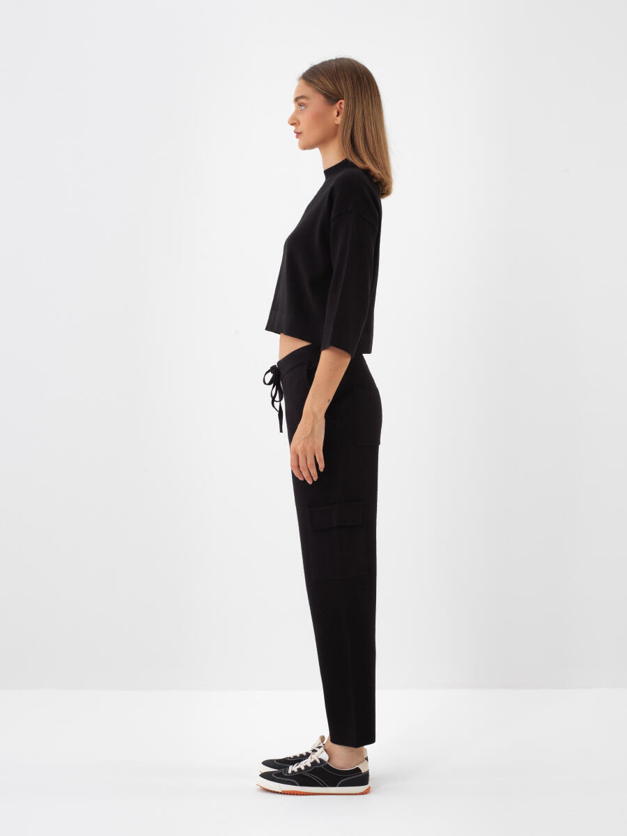 Siyah Doğal Yün Dokulu Oversize Kazak - 3