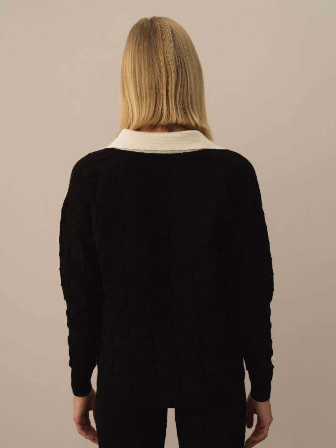 Siyah Oversize Polo Yaka Kazak - 3
