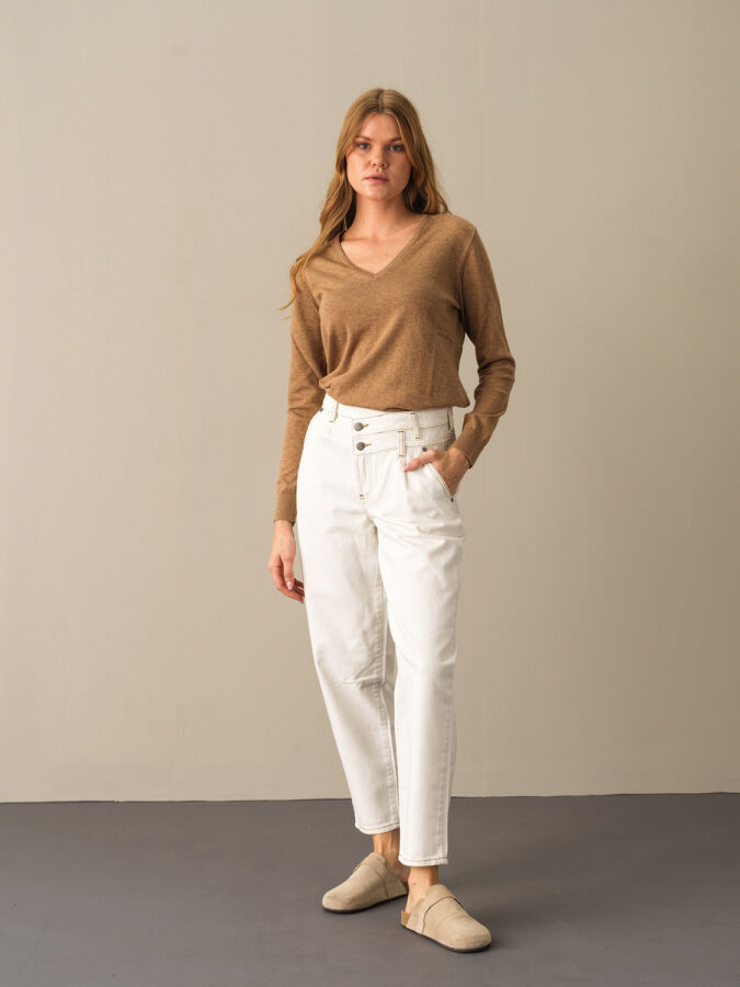 Camel Slim Fit V Yaka Pamuk Kazak - 2