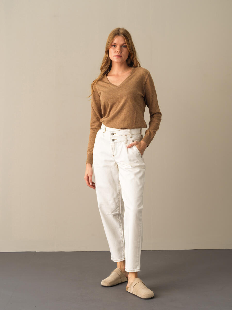 Camel Slim Fit V Yaka Pamuk Kazak - 2
