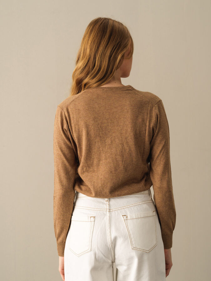 Camel Slim Fit V Yaka Pamuk Kazak - 3