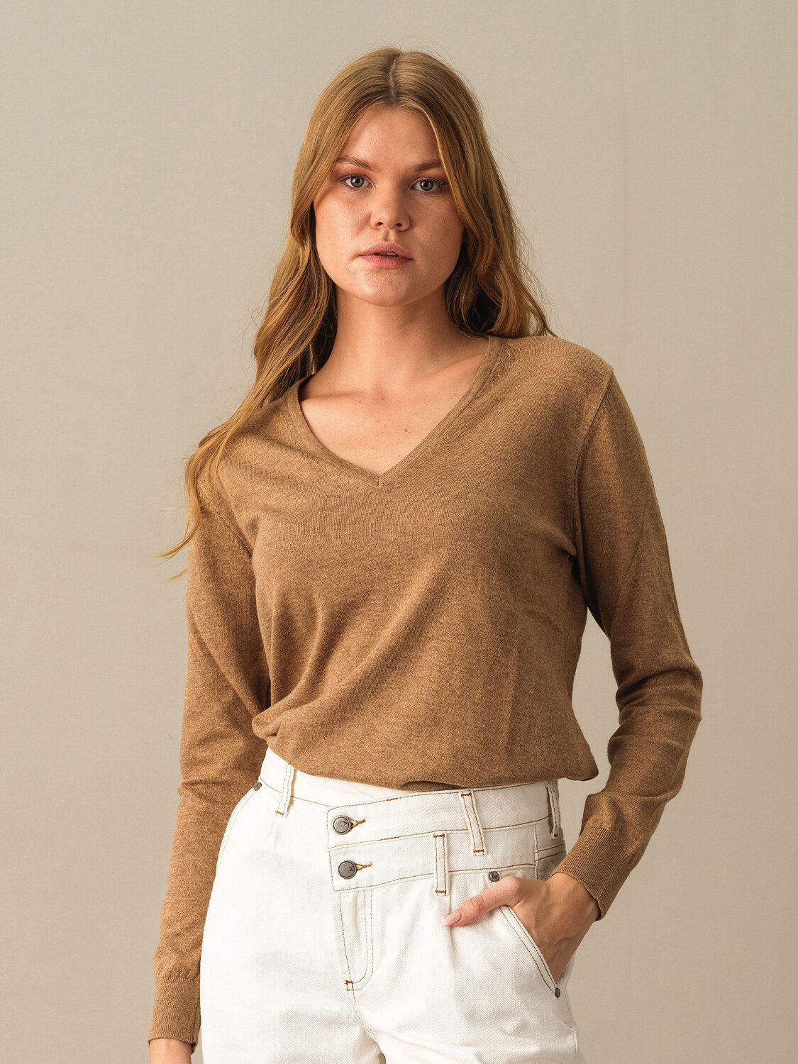 Camel Slim Fit V Yaka Pamuk Kazak - 1
