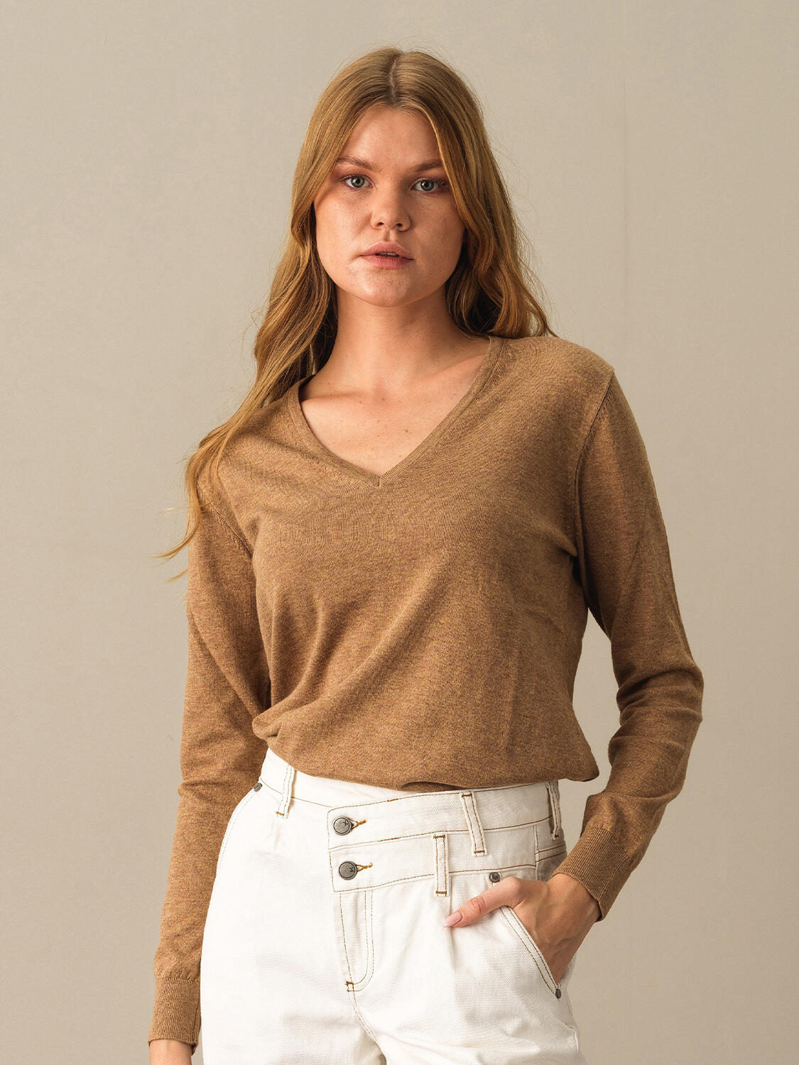 Camel Slim Fit V Yaka Pamuk Kazak - 1