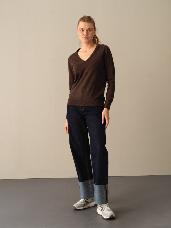 Kahverengi Slim Fit V Yaka Pamuk Kazak - 2