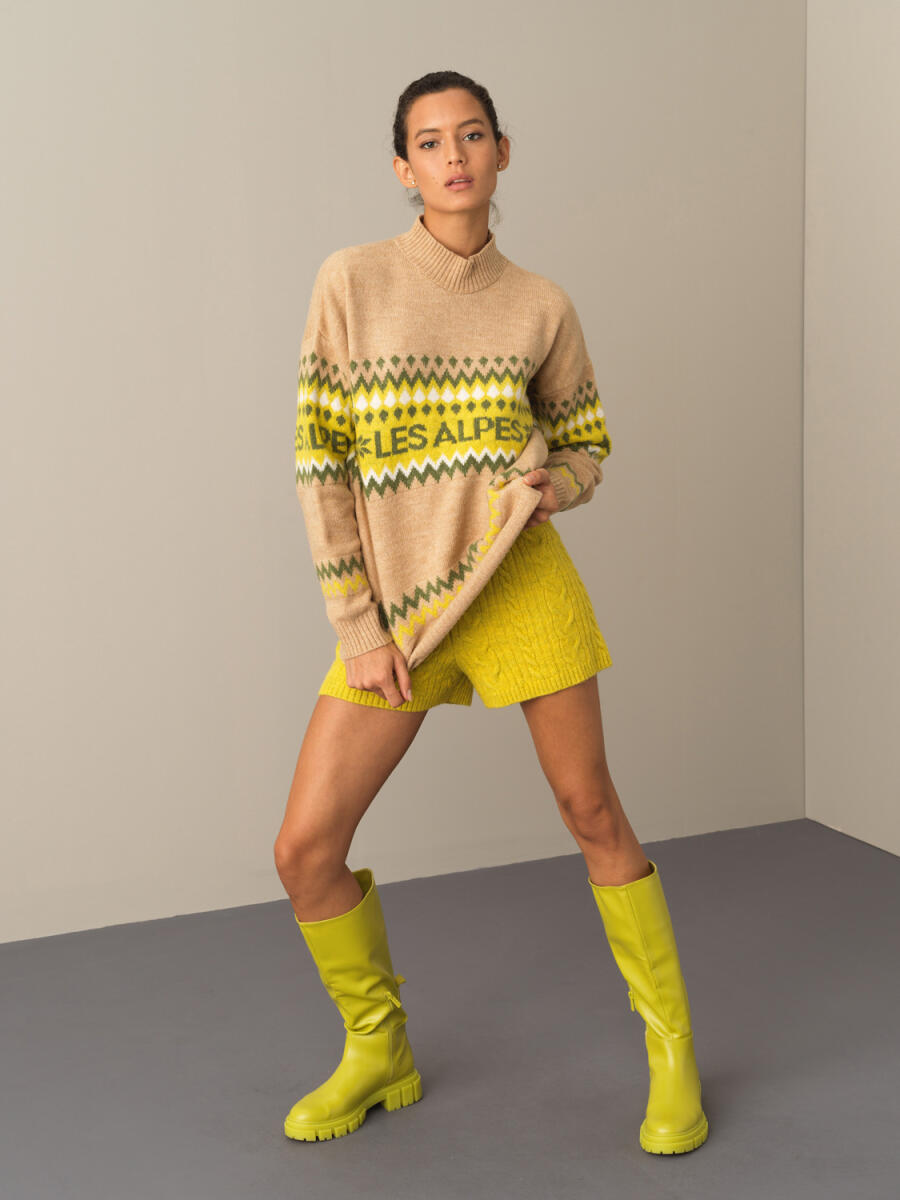 Bej Yumuşak Dokulu Regular Fit Desenli Kazak - 2