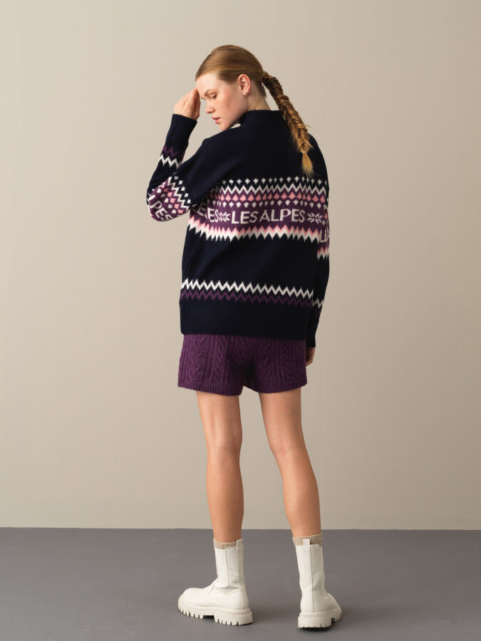 Lacivert Yumuşak Dokulu Regular Fit Desenli Kazak - Xint