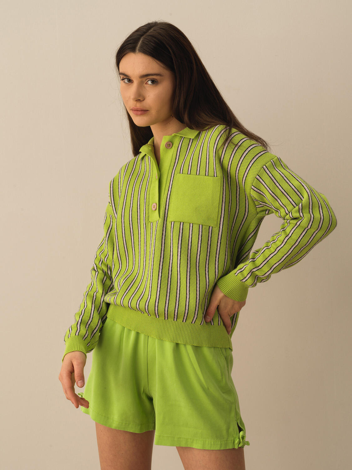 Yeşil Pamuk Dokulu Regular Fit Kazak