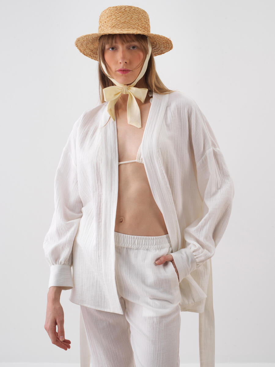 Beyaz Pamuk Dokulu Oversize Kimono - 2