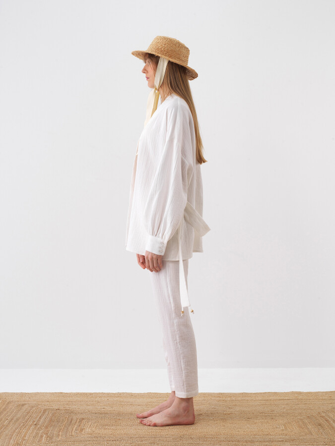 Beyaz Pamuk Dokulu Oversize Kimono - 4