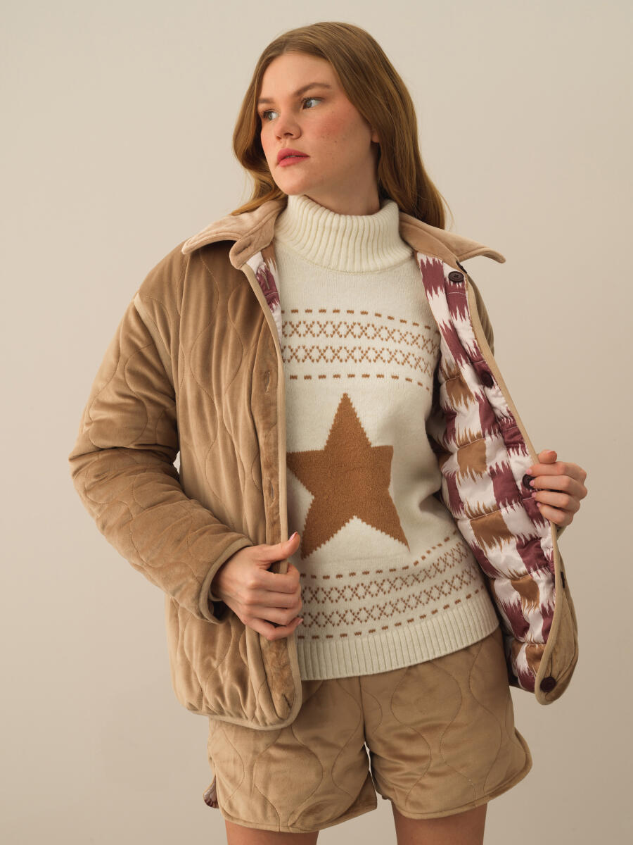 Camel Esnek Dokulu Oversize Mont