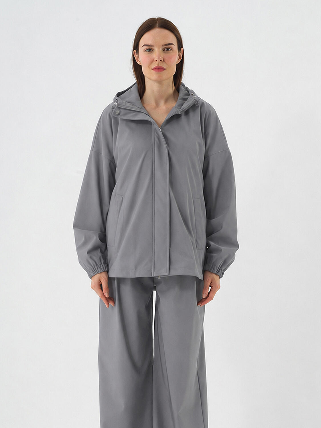 Gri Esnek Dokulu Oversize Mont (1)