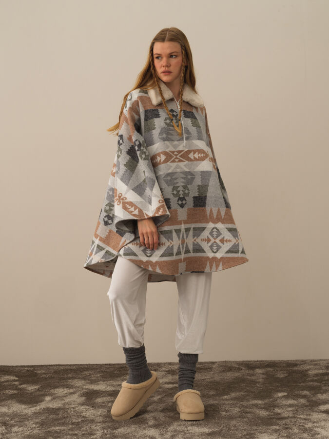 Gri Pamuk Dokulu Oversize Panço - Xint