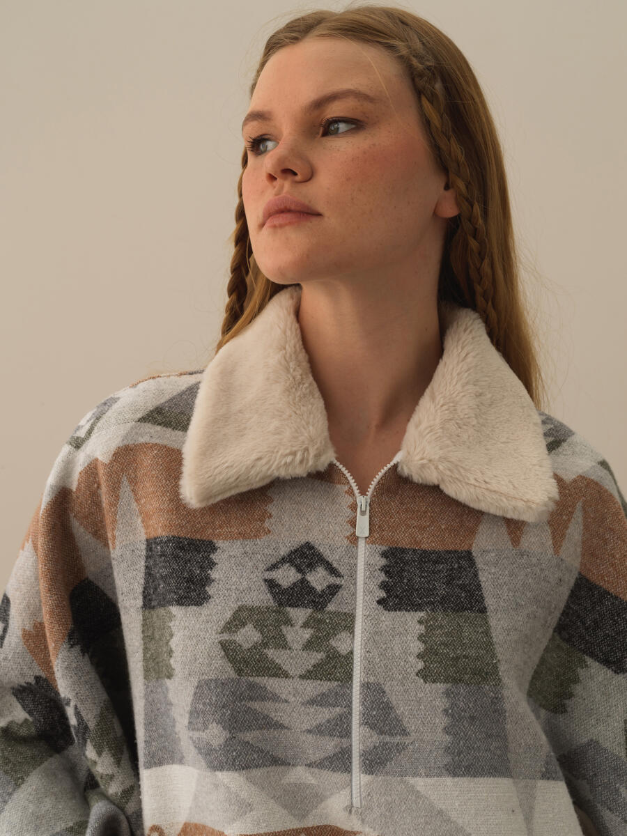 Gri Pamuk Dokulu Oversize Panço - 2