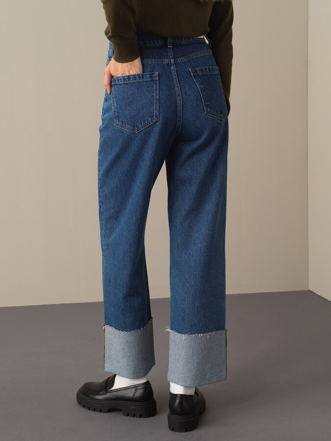Mavi Pamuk Dokulu Oversize Denim Pantolon - Xint