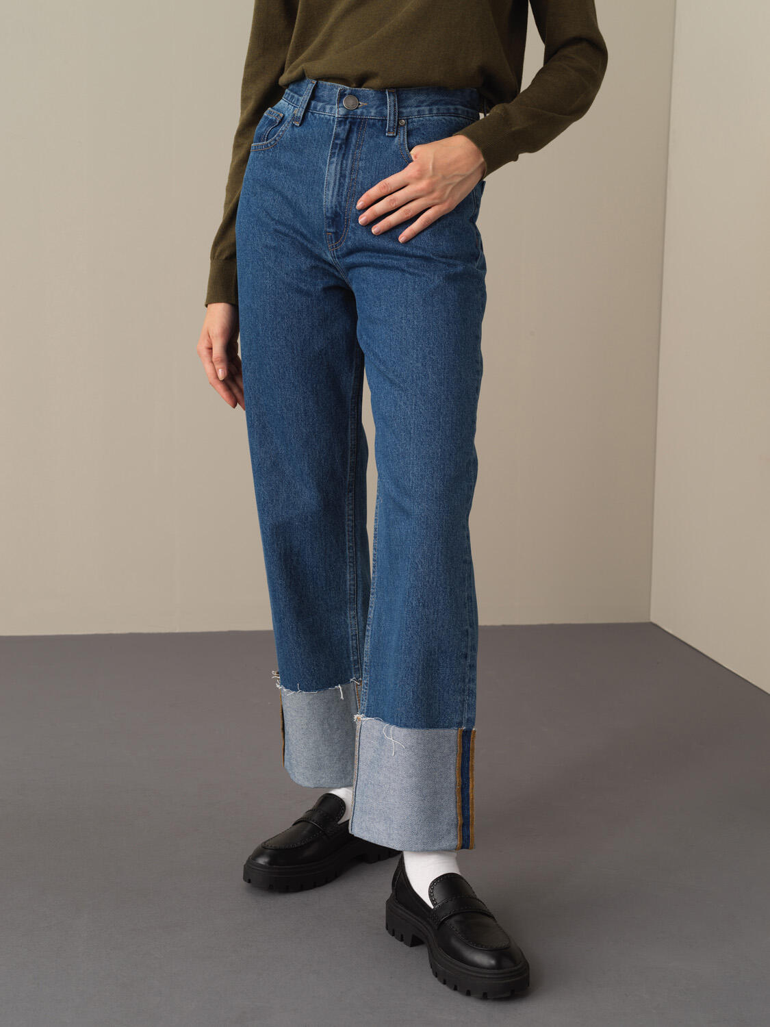 Mavi Pamuk Dokulu Oversize Denim Pantolon