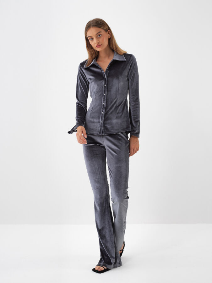 Antrasit Lüks Dokulu Soft Kadife Slim Fit Pantolon - Xint