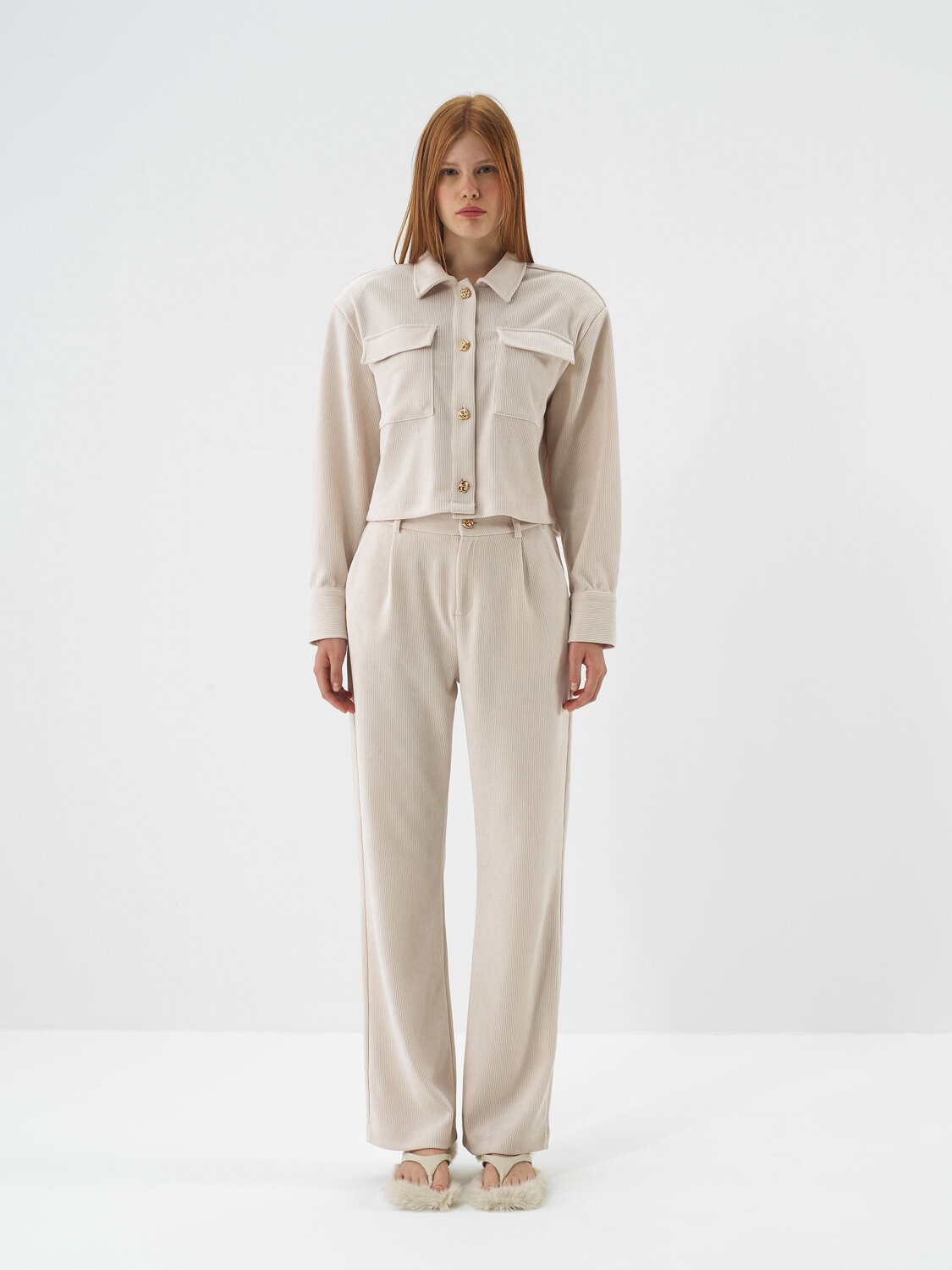 Bej Lüks Dokulu Soft Kadife Regular Fit Pantolon - Xint