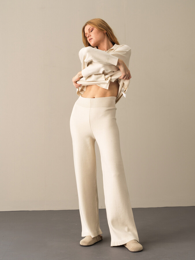 Ekru Esnek Dokulu Regular Fit Triko Pantolon - Xint