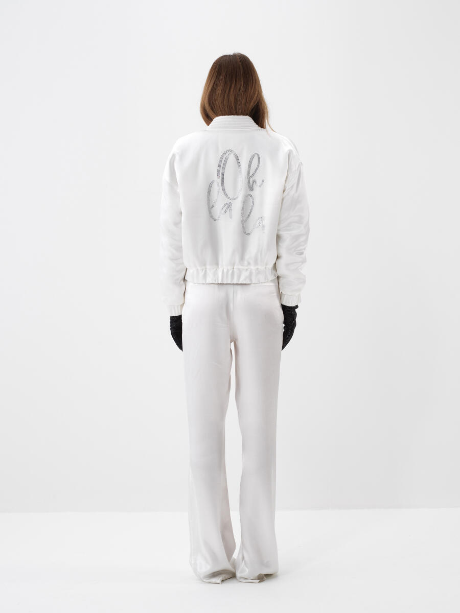 Beyaz İpeksi Saten Oversize Pantolon - 4