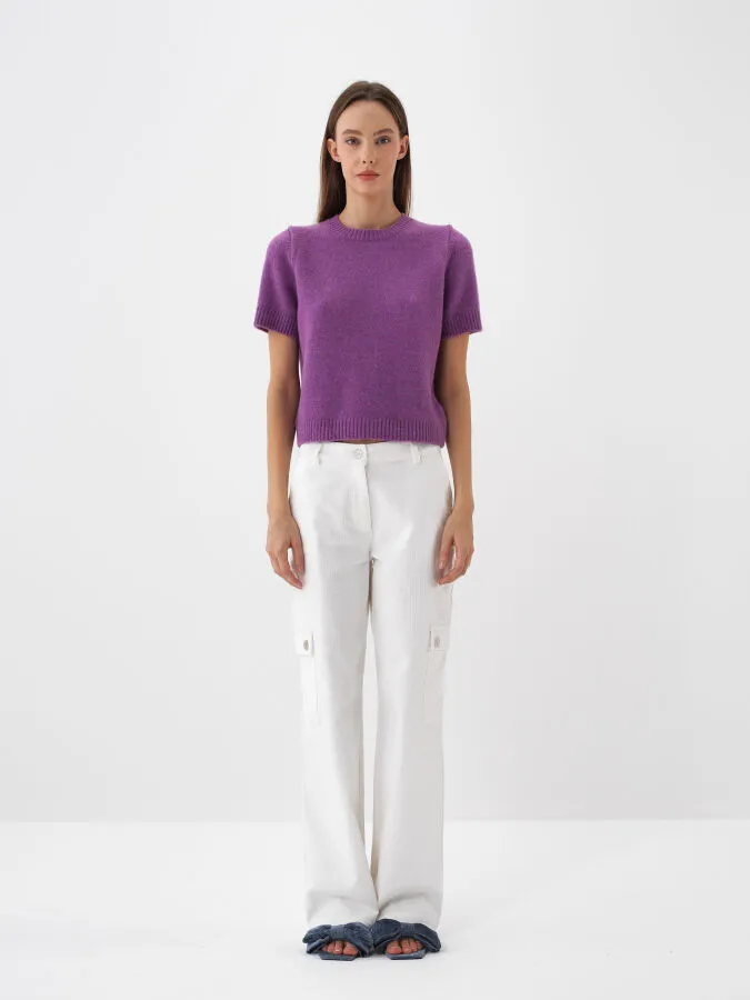 Beyaz Lüks Dokulu Soft Kadife Oversize Pantolon - Xint