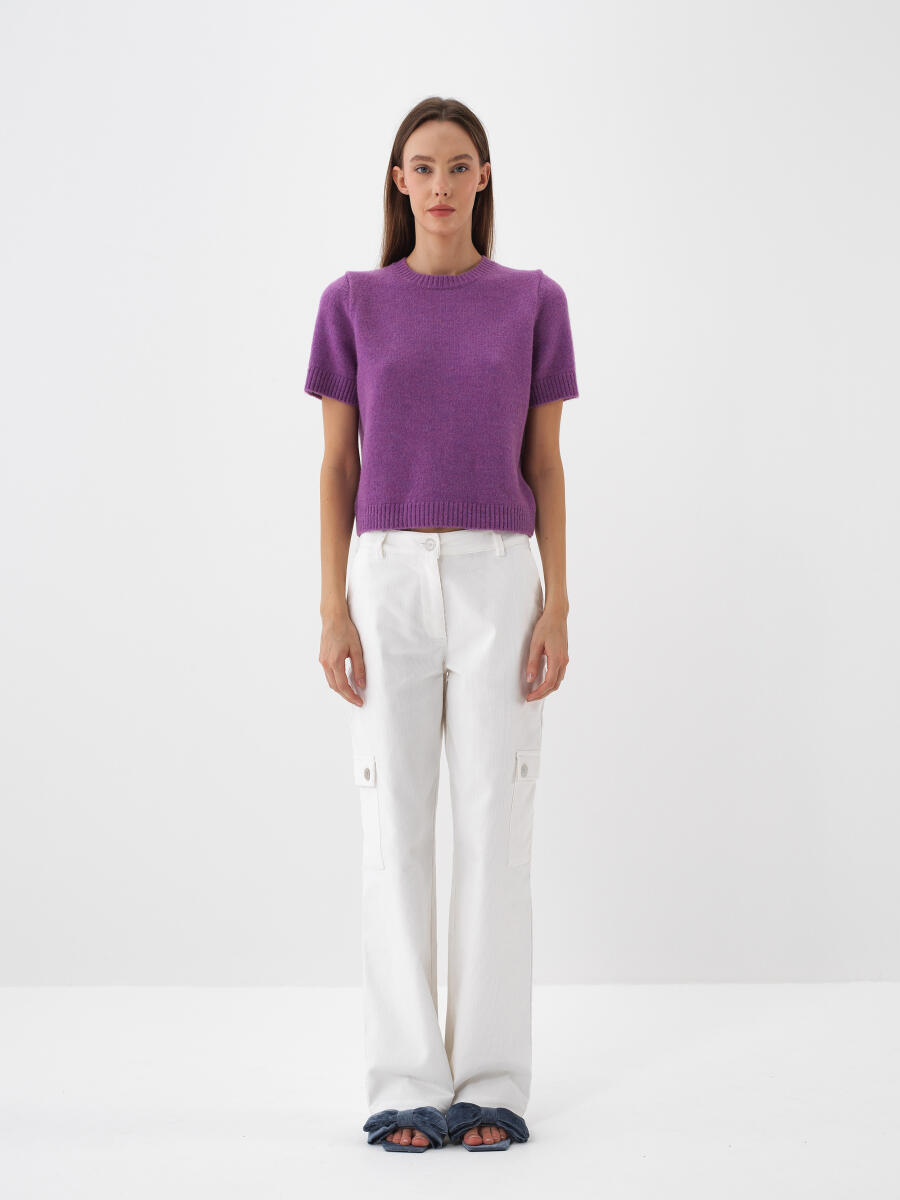 Beyaz Lüks Dokulu Soft Kadife Oversize Pantolon - 3