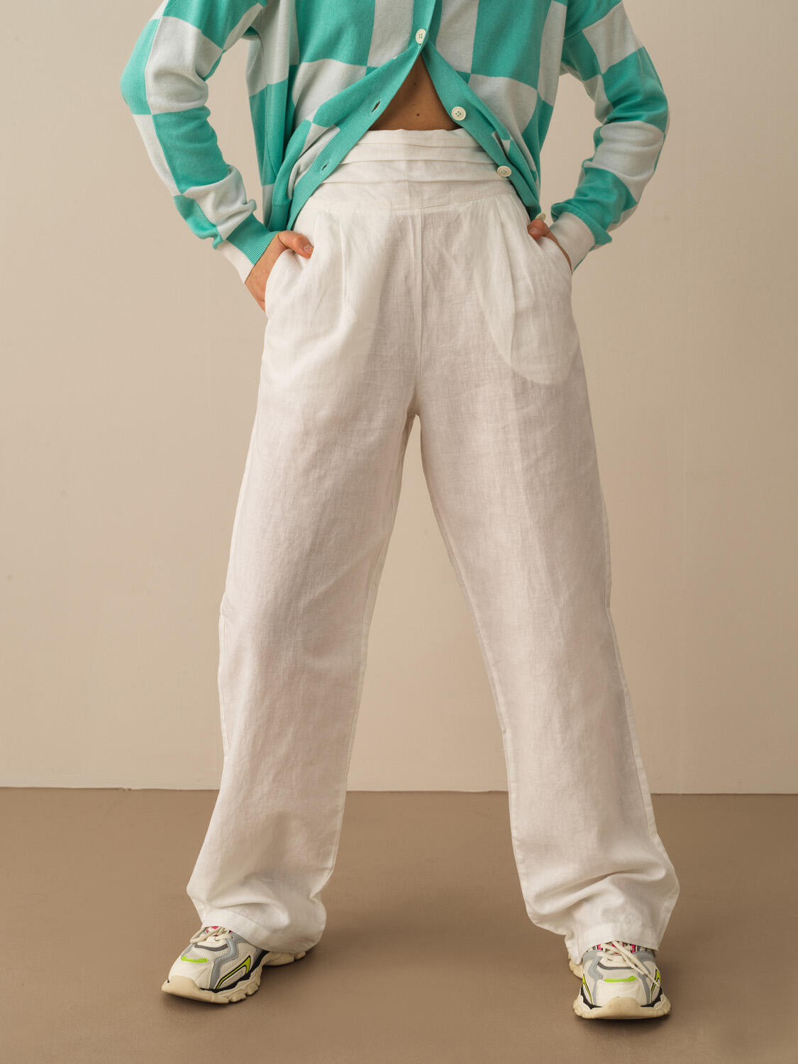Kırık Beyaz %100 Keten Oversize Pantolon