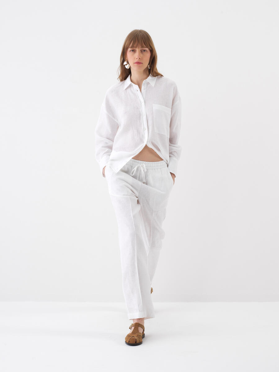 Beyaz %100 Keten Oversize Pantolon - 2