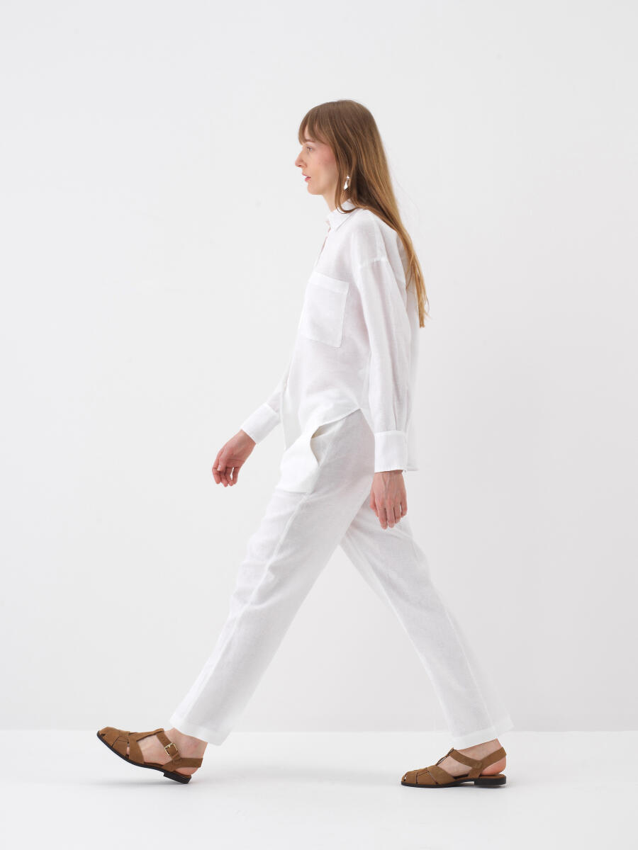 Beyaz %100 Keten Oversize Pantolon - 3