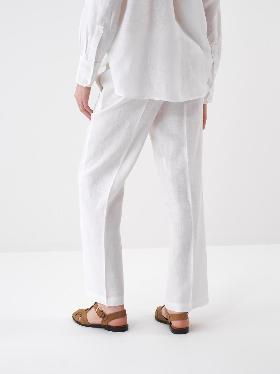 Beyaz %100 Keten Oversize Pantolon - 4