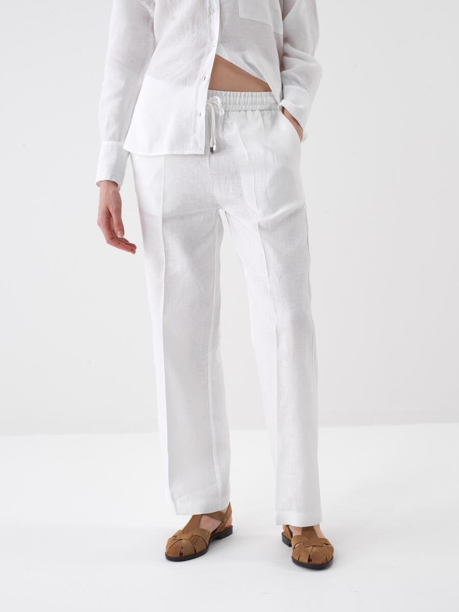 Beyaz %100 Keten Oversize Pantolon - 1